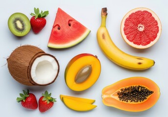 Naklejka premium Fresh tropical fruits and berries arranged in a colorful collection