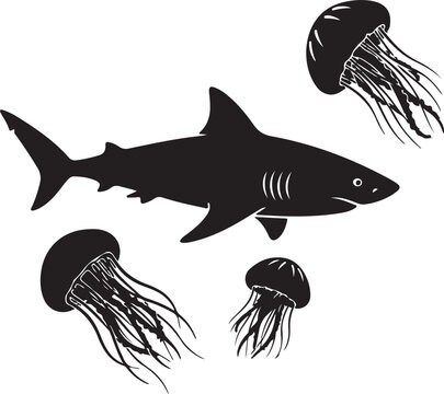 Shark and jellyfish silhouettes in ocean animal illustration graphics