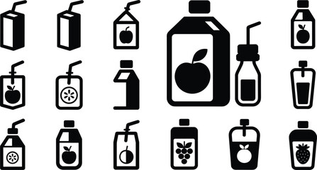 Fruit Juice Box and Beverage Packaging Solid Vector Icon Set with Cartons Squeeze Pouches Bottles Straws Apple Orange and Grape Elements for Menu Designs © Rimu