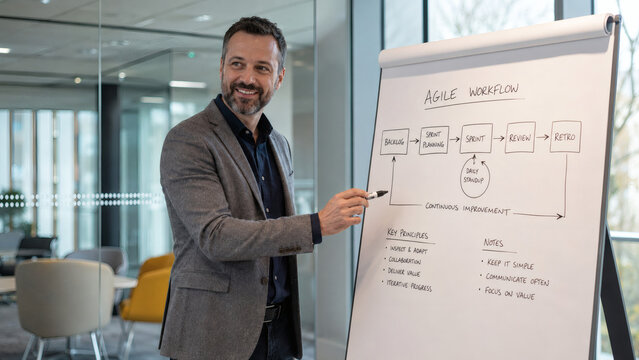 Corporate coach drawing workflow diagram on flipchart in training
