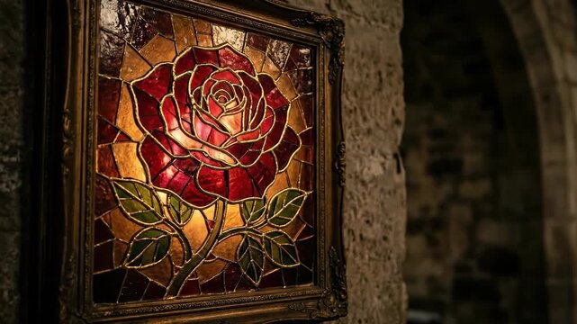 Stained glass rose art frame mounted on antique stone wall. Religious catholic church decoration depicting a floral motif. Sacred interior design religious object.