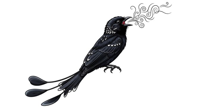 Black Bird Flying with Seed in Beak Against White Background Isolated Cutout