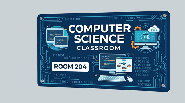 Modern Computer Science Classroom Signage with Digital Network Illustrations for Educational Environment Decor