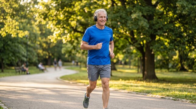 A smiling senior man wearing headphones and running on a park path surrounded by trees and people in the background on a sunny day outdoors