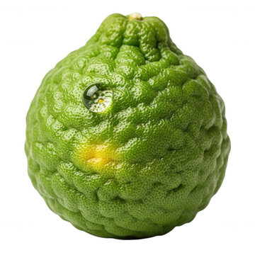 Green kaffir lime with water droplet in bright studio light