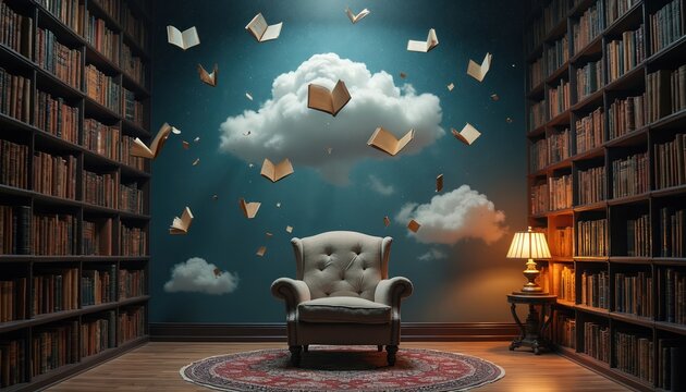 Cozy armchair sits in library room, flying books and clouds. Vintage shelves hold old books, lamp lights room. Imagination concept for writers readers.