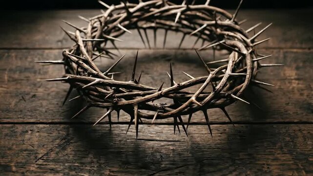 Crown of thorns resting on rough wooden surface. Religious symbol representing Jesus Christ and sacrifice. Catholic tradition during Easter and Good Friday holiday.