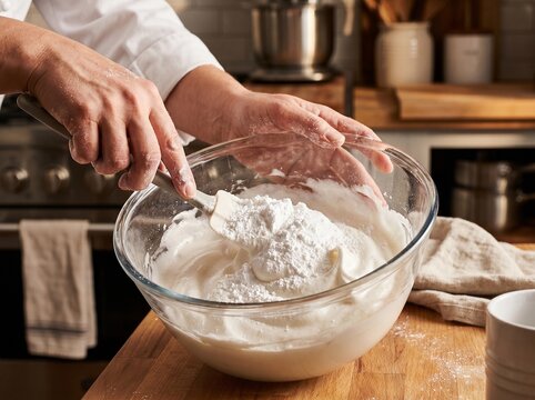 Chef Mixing Powdered Sugar into Whipped Cream in Glass Bowl