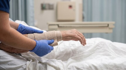 Obraz premium Healthcare worker providing supportive arm rehabilitation therapy to patient lying in hospital bed during recovery treatment