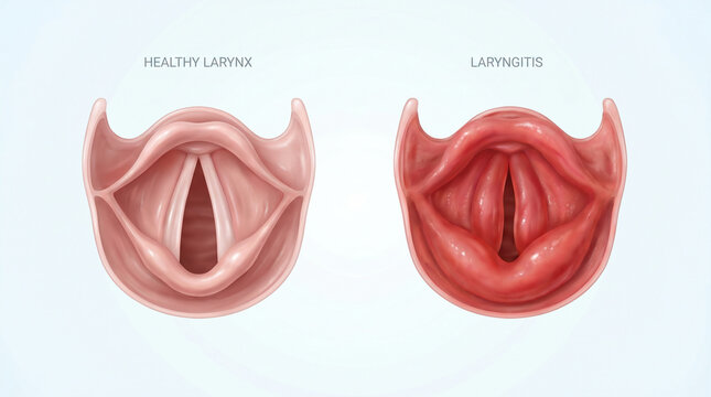 Laryngitis Inflammation and Healthy Human Larynx Vocal Cords Anatomy