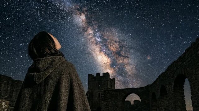 Woman in hooded cloak looking up at the milky way galaxy from ancient ruins. Spiritual connection with the divine universe. Religious meditation in mystic night.