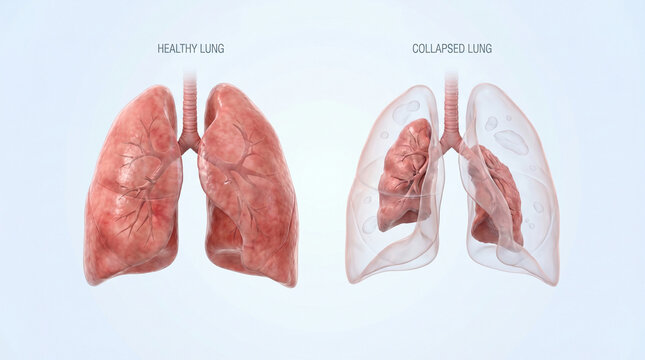 Collapsed Lung Pneumothorax Pathology and Healthy Human Respiratory System