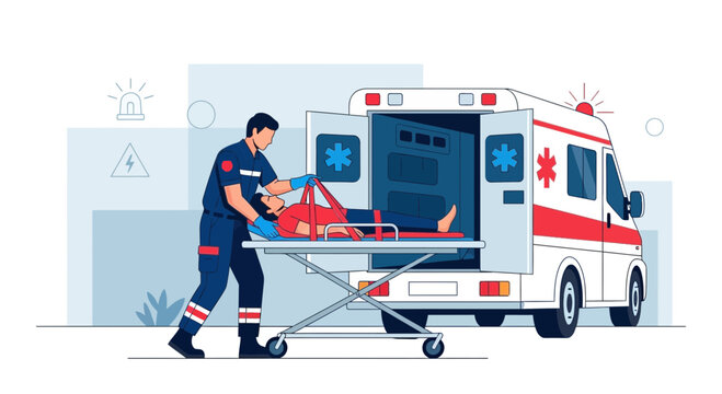 Paramedic loading patient on stretcher into ambulance for emergency medical transport