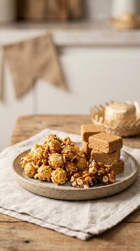 Detalhe macro de pipoca caramelizada t&iacute;pica de festa junina brasileira em composi&ccedil;&atilde;o gastron&ocirc;mica elegante e acolhedora