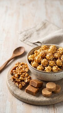 Detalhe macro de pipoca caramelizada t&iacute;pica de festa junina brasileira em composi&ccedil;&atilde;o gastron&ocirc;mica elegante e acolhedora