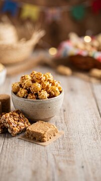 Detalhe macro de pipoca caramelizada t&iacute;pica de festa junina brasileira em composi&ccedil;&atilde;o gastron&ocirc;mica elegante e acolhedora
