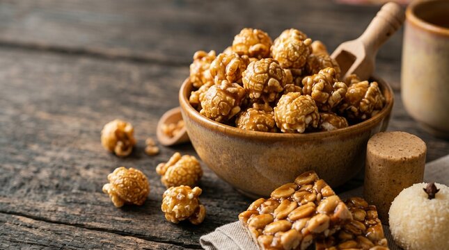 Detalhe macro de pipoca caramelizada t&iacute;pica de festa junina brasileira em composi&ccedil;&atilde;o gastron&ocirc;mica elegante e acolhedora