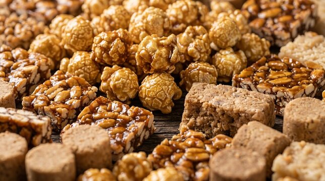 Detalhe macro de pipoca caramelizada t&iacute;pica de festa junina brasileira em composi&ccedil;&atilde;o gastron&ocirc;mica elegante e acolhedora