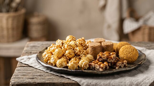 Detalhe macro de pipoca caramelizada t&iacute;pica de festa junina brasileira em composi&ccedil;&atilde;o gastron&ocirc;mica elegante e acolhedora