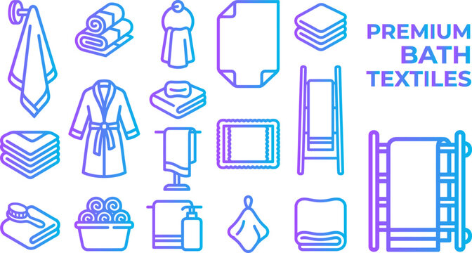 Premium bath textiles icons set towel bathrobe shower cap folded towels bathroom items.