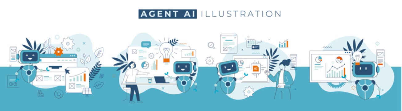 Agent AI vector illustrations. chat ai, chatbot, ai virtual assistant,  chatting, support, Artificial Intelligence technology.