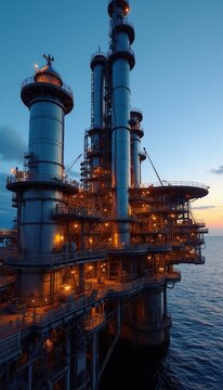 Offshore oil rig at dusk illuminates complex industrial structure on the sea. Energy platform gears gleam with operational lights above water, showing vital resource extraction work.