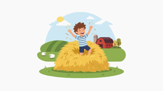 Joyful boy jumping in a large haystack on a sunny farm with sheep and a red barn in the background