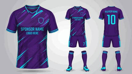 Customizable purple soccer uniform set with blue accents and sponsor logo template for team sports jersey © craftsby.ib