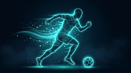 Neon soccer player dribbling ball with speed lines and glowing particles in dynamic motion illustration on dark background for sports concept art and energetic digital design projects for athletic © craftsby.ib