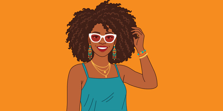 Stylish afro woman with sunglasses and jewelry hair accessory sunglasses necklace earrings bracelets illustration character confident accessories portrait fashionista glamorous