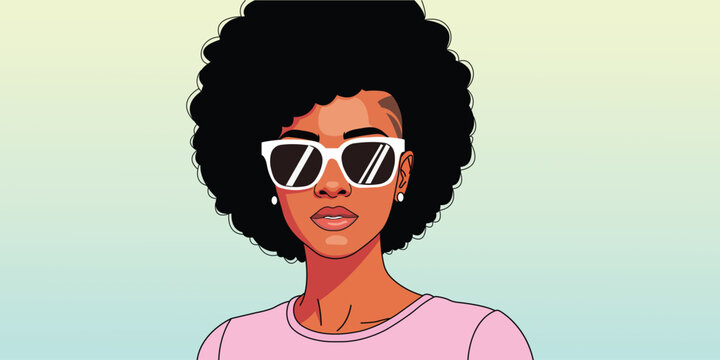 Pixelated portrait of a woman with large afro and white sunglasses portrait illustration aesthetic hairstyle clothing accessory accessories earrings background gradient coolness