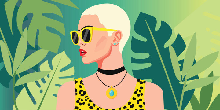 Stylish woman with short blond hair and sunglasses in tropical setting sunglasses tropical portrait illustration aesthetic hairstyle accessory necklace earrings background botanical