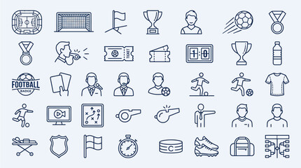 Set of football sport icons representing soccer match elements including trophies players whistles stadiums and game equipment designed in a clean minimalist linear vector style for web and mobile © craftsby.ib