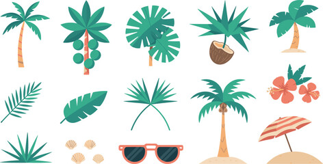 Vector illustration set of tropical palm trees, exotic leaves, hibiscus flowers, sunglasses, beach umbrella, and seashells for summer vacation and resort design concepts. © Rimu