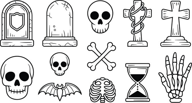 Vector illustration set of spooky Halloween line art elements, gothic tombstones, human skulls, crossbones, bat, skeleton hand, and hourglass icons for horror design concepts.