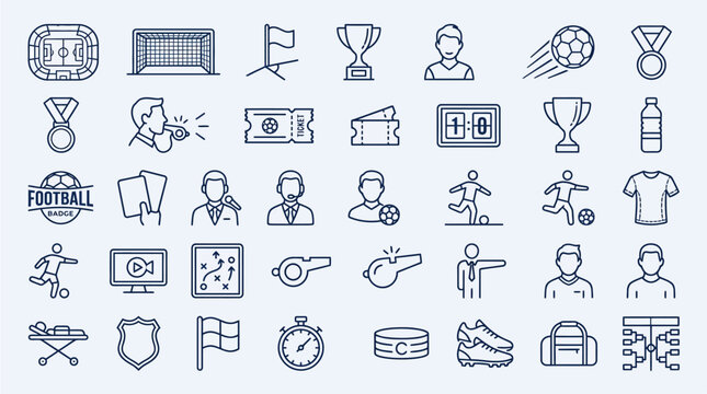 Set of football sport icons representing soccer match elements including trophies players whistles stadiums and game equipment designed in a clean minimalist linear vector style for web and mobile