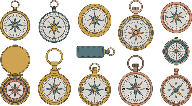 Vintage Navigation Compass and Antique Pocket Watch Dial Vector Illustration Set with Wind Rose Elements for Travel Adventure and Geography Designs