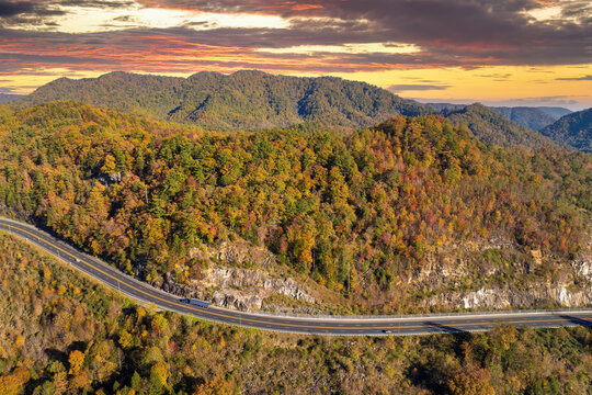 USA highway transportation infrastructure in North Carolina Appalachian mountains. American freeway road with fast driving cars
