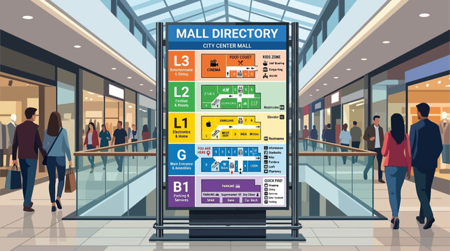 Shopping mall directory map display showing various floor plans for visitors to navigate retail stores and locate amenities