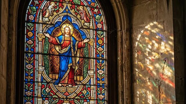 Jesus Christ depicted on a colorful stained glass window inside a church. Religious art and christian mosaic light reflection on a stone wall for worship theme.