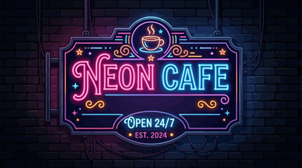 Neon Cafe Sign - 24/7 Open Vintage Style Illuminated Signage for a Retro Diner Experience © john
