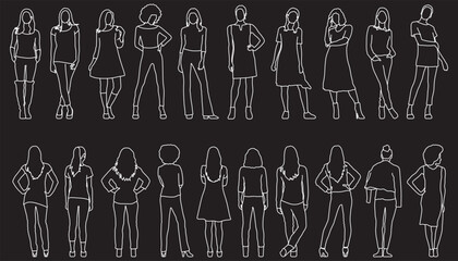 Fototapeta premium Standing woman front and back view, architectural elements, blueprint, line art, person, human, pose, silhouette, icon, editable stroke, vector