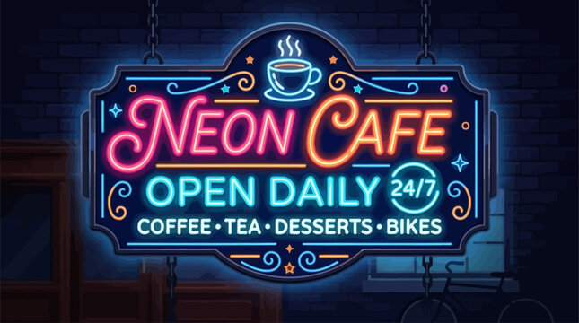 Vibrant neon sign illuminates a cozy cafe, offering coffee, tea, desserts, and bike services daily, creating a retro and inviting atmosphere for customers day and night