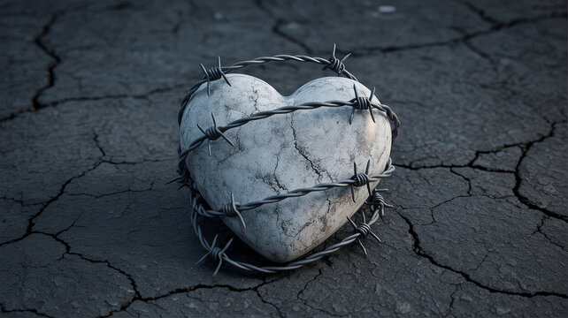 Heart sculpture made of stone sits wrapped in sharp metal barbed wire on a desolate cracked earth surface.
