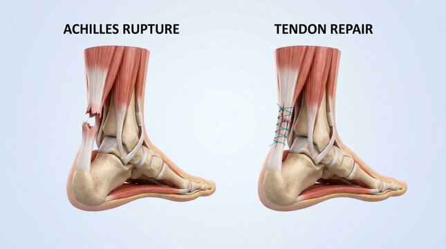 Achilles Tendon Rupture and Surgical Suture Repair 3D Illustration