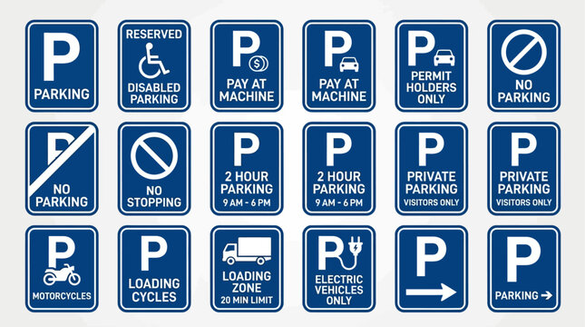 Collection of diverse parking signs indicating various restrictions and permissions for vehicle parking
