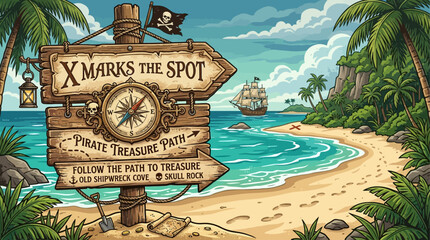 Pirate Treasure Path X Marks the Spot wooden sign with compass and ship sailing in tropical island beach scene © john