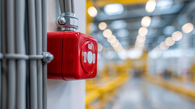 Close-up of a red fire alarm switch on a wall in a factory setting with electrical conduit visible, factory safety concept, industrial wall alarm photography, fire protection