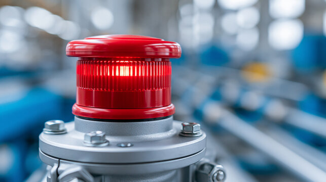 Close-up of an illuminated alarm button signaling danger in an industrial environment, industrial danger signal concept, alert button photography, emergency indicator