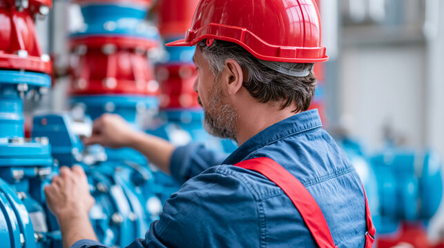 Rear view of an engineer checking a generator pump controller for a water sprinkler fire protection system, fire sprinkler system concept, pump controller inspection photography,